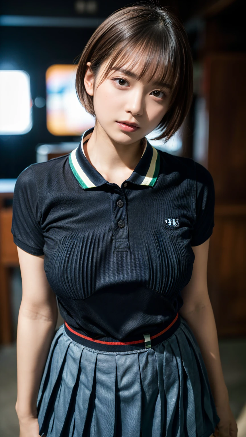 (8K, RAW Photos, Highest quality, masterpiece:1.2), (professional photography, full colors, studio-caliber color grading), (Gravure quality for high-end fashion magazines), close up, BREAK,18 year old girl, (short bob hair:1.1), crying a little, Harajuku style, Big Natural Color Lip, (Plumpy body:1.1 (smooth skin:1 (huge breasts:1.2 (expresses the roundness and softness of the chest area..1 BREAK (Polo shirt with collar), pleated skirt