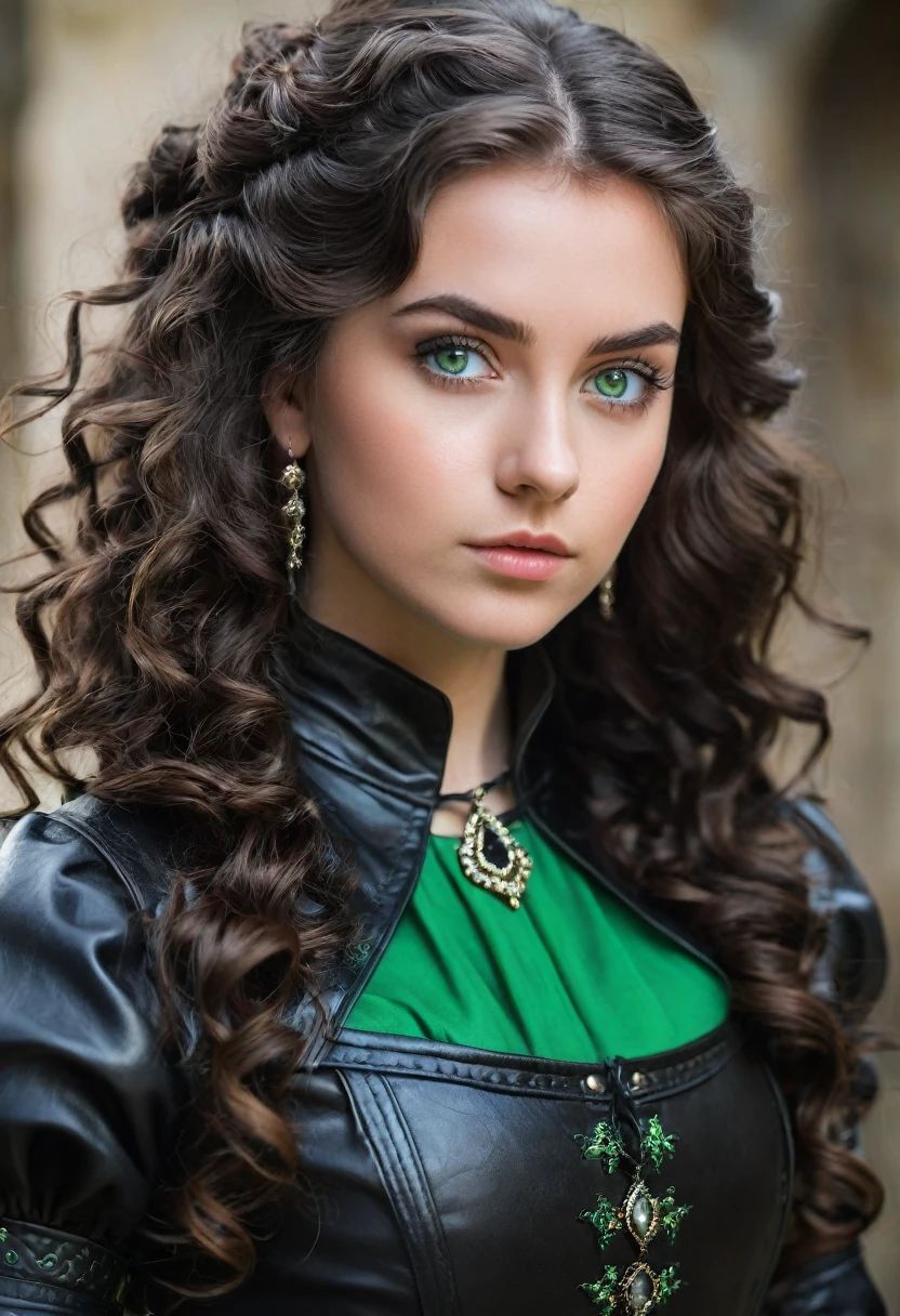 a 25 year old girl, curled hair, long and black, greeneyes, clear skin and diamond face, wearing a medieval black leather outfit with arrogant posture