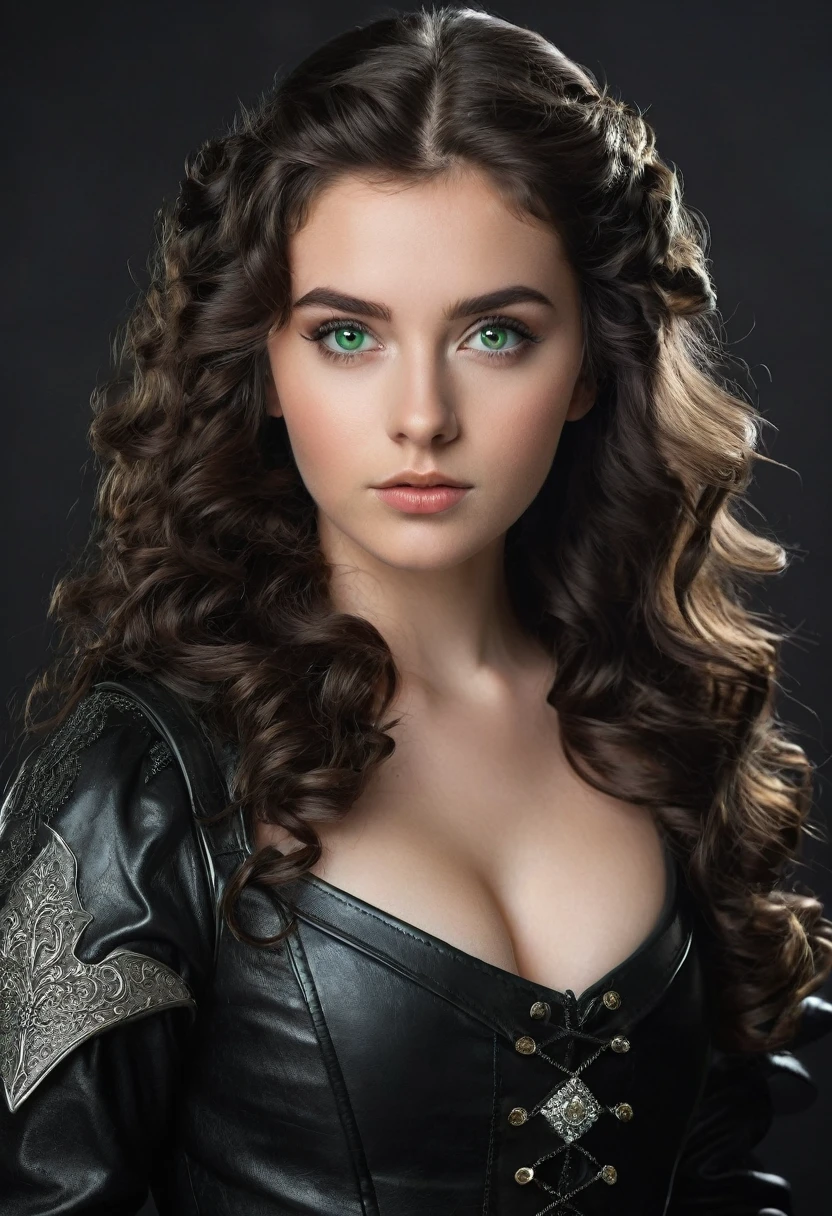 a 25 year old girl, curled hair, long and black, greeneyes, clear skin and diamond face, wearing a medieval black leather outfit with arrogant posture 