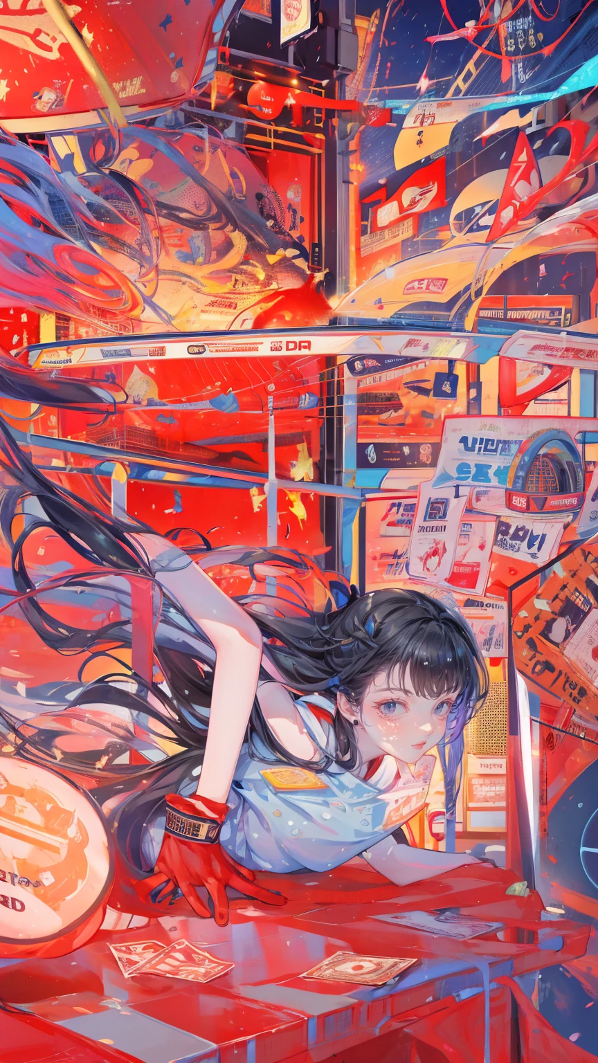 A surreal digital artwork depicting the concept "Saves you from using on top and selling down at bottom", featuring a girl  climbing a ladder with posters, charts, graphs, paper money and coins flying around him in chaos. The background is red, with stock market graphics and bitcoin symbols behind it. In the style of Surrealism, with high resolution, detailed textures, bright colors, and a bold contrast between light and dark