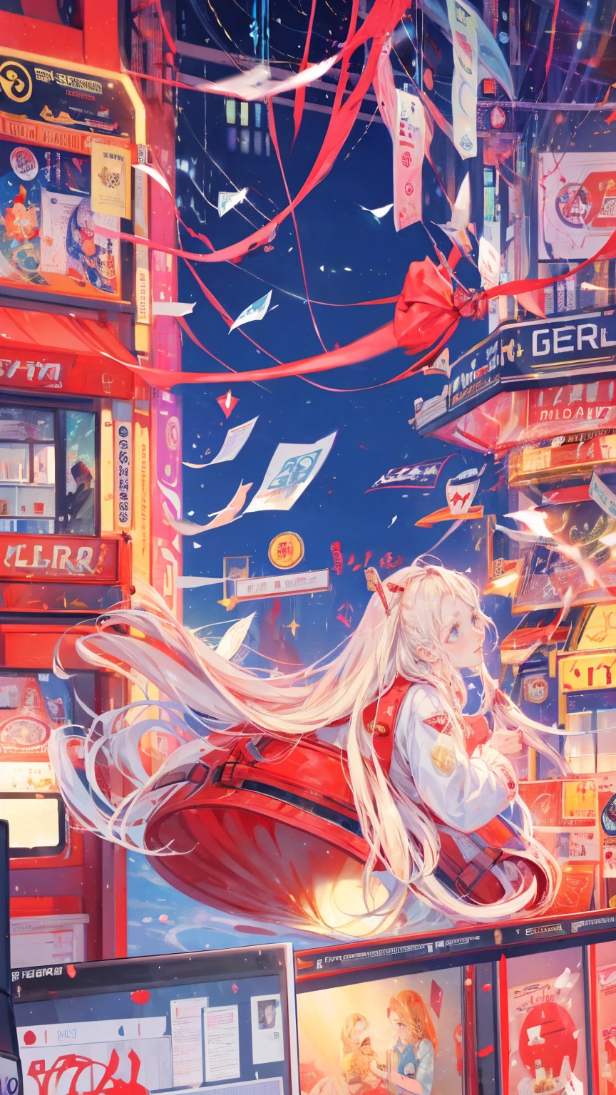 A surreal digital artwork depicting the concept "Saves you from using on top and selling down at bottom", featuring a girl  climbing a ladder with posters, charts, graphs, paper money and coins flying around him in chaos. The background is red, with stock market graphics and bitcoin symbols behind it. In the style of Surrealism, with high resolution, detailed textures, bright colors, and a bold contrast between light and dark