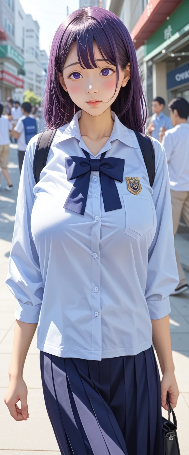 (best quality: 0.8), (best quality: 0.8), Perfect anime illustration, Close-up portrait of a beautiful woman,Walking in the city,Long purple hair,Huge breasts,Blushing eyes (((National Foundation))) 透明白色连衣裙霓虹夜城超级细节超级细节的脸明亮的眼睛星系在眼睛absurd的4k全高清顶部在pixiv超级做得很好红眼下载文件巨大的乳晕直立 (Love Juice 1;4) absurd