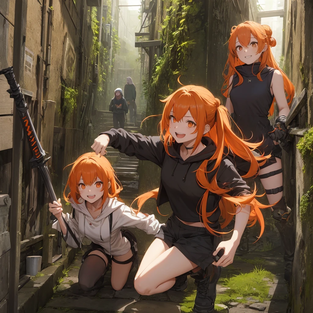 Orange Eyes、Dark orange hair、Small breasts、A single bun with slightly longer hair down、Black hoodie、female、In a narrow dungeon covered with moss、laughing、sword、alone、Shorts