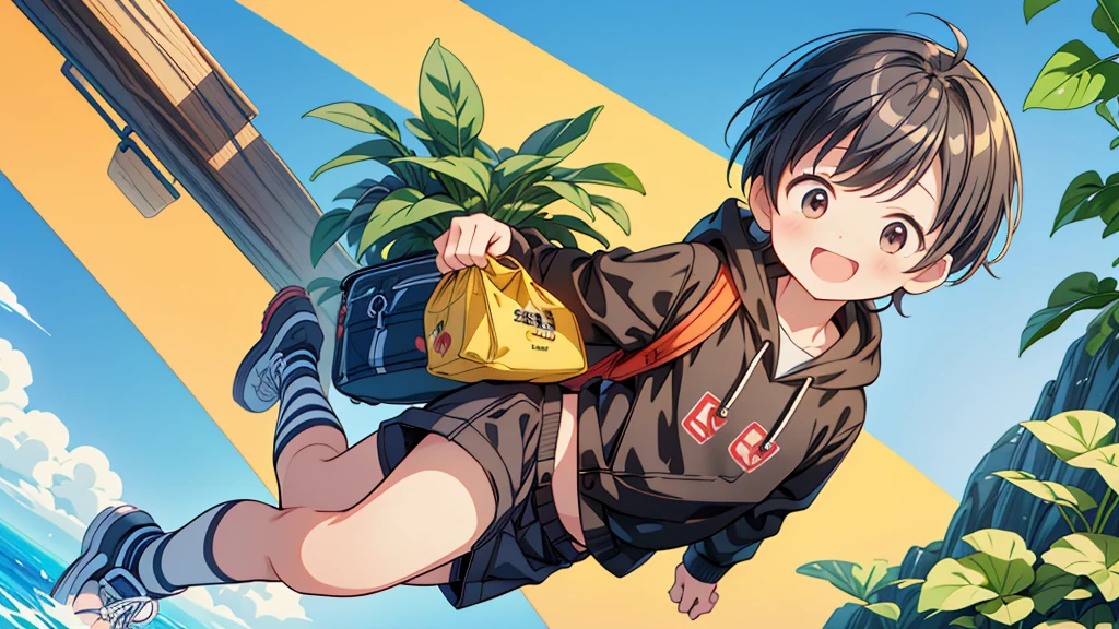 Chibi no Boy、(((Highest quality、Masterpiece、Official Art、The best dynamic composition)))、Anime Style、Very detailed、8K high resolution、Primary school students６The year-old boy is carrying a black school bag、Wearing a hoodie and long pants、In her hands she holds a potted plant with morning glories blooming.、Smiling happily、