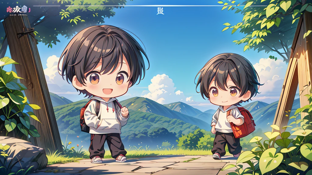 Chibi no Boy、(((Highest quality、Masterpiece、Official Art、The best dynamic composition)))、Anime Style、Very detailed、8K high resolution、Primary school students６The year-old boy is carrying a black school bag、Wearing a hoodie and long pants、In her hands she holds a potted plant with morning glories blooming.、Smiling happily、