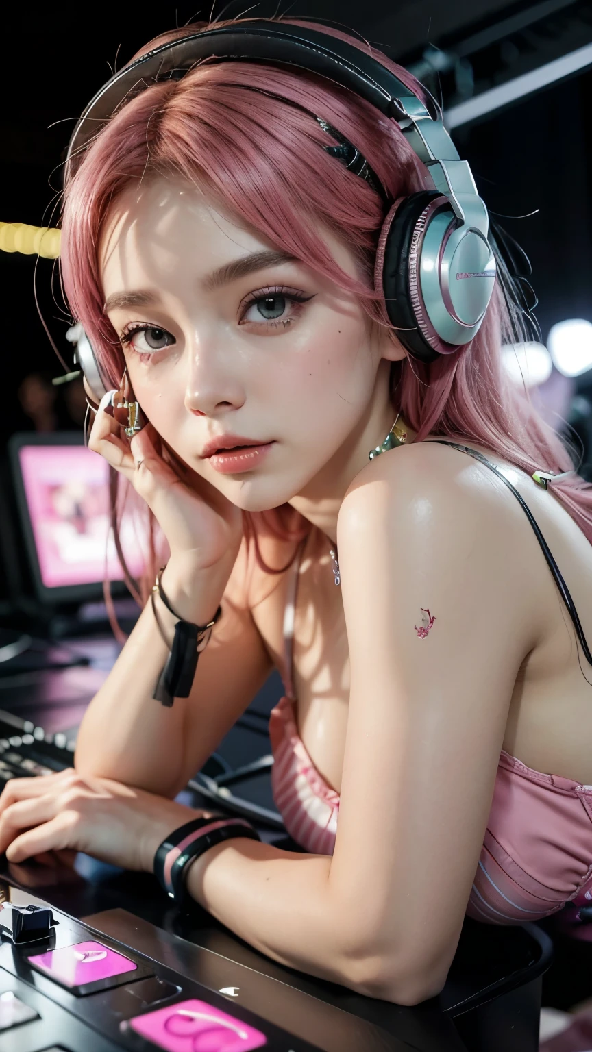 Pink Hair Girl, Paper by Morena Clara, With gal make-up, On the DJ table, wearing a gal outfit and headphones