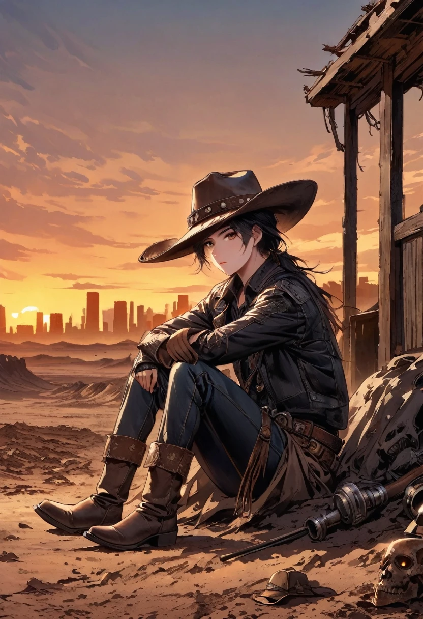 wasteland,老西部牛仔sit在石头上弹吉他,(sit:1.2),Wear a cowboy hat,Rusty,The skyline in the distance,Western style background,Sunset