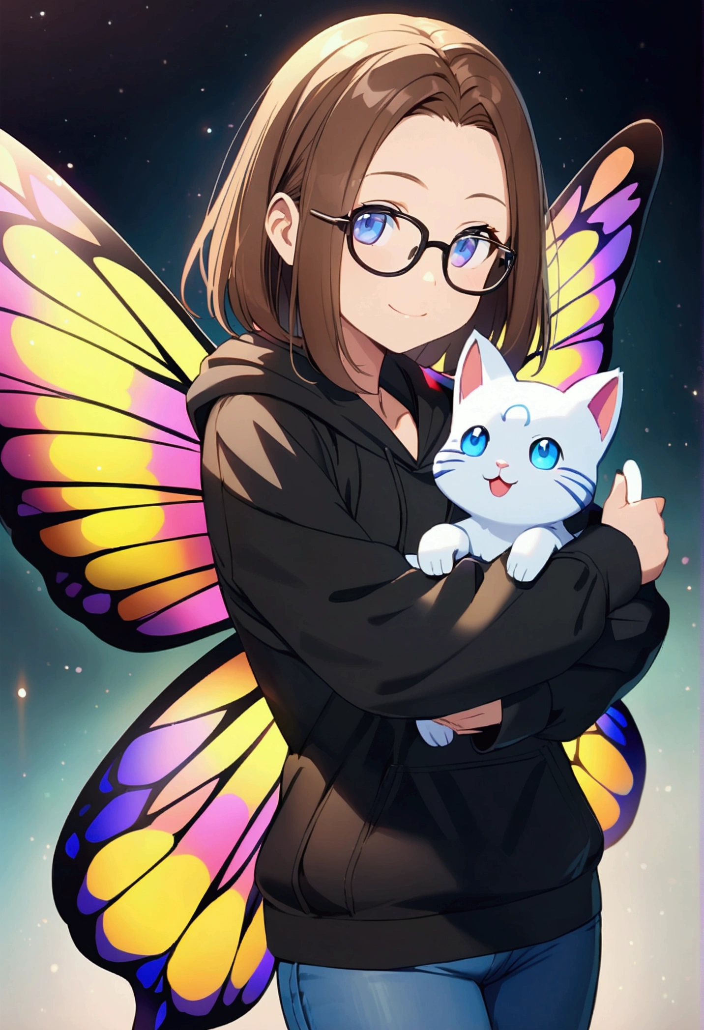 Alone, one person, anime woman (shoulder-length brown hair, blue eyes, black hoodie, jeans, dark-framed glasses, clear forehead, smiling, with shimmering colorful butterfly wings). Holds a cute cat-like fantasy creature in her arms like Pokemon.