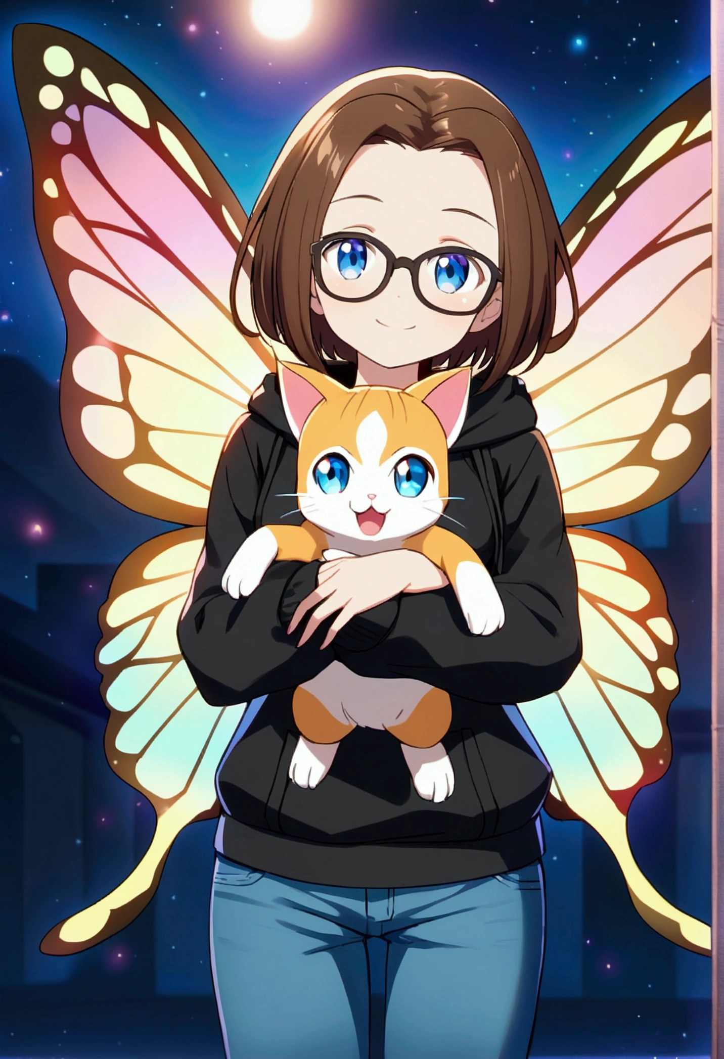 Alone, one person, anime woman (shoulder-length brown hair, blue eyes, black hoodie, jeans, dark-framed glasses, clear forehead, smiling, with shimmering colorful butterfly wings). Holds a cute cat-like fantasy creature in her arms like Pokemon.