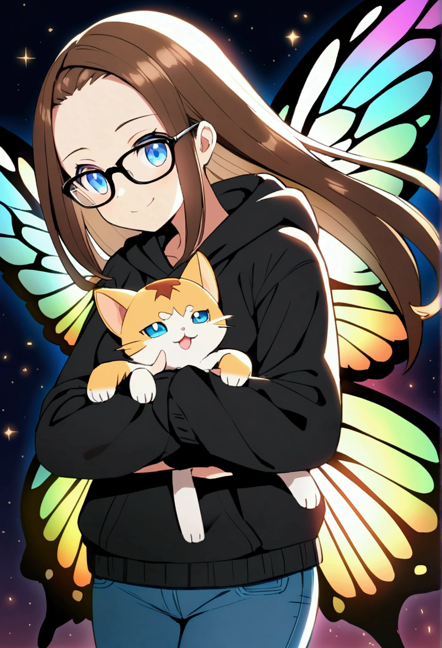 Alone, one person, anime woman (shoulder-length brown hair, blue eyes, black hoodie, jeans, dark-framed glasses, clear forehead, smiling, with shimmering colorful butterfly wings). Holds a cute cat-like fantasy creature in her arms like Pokemon.