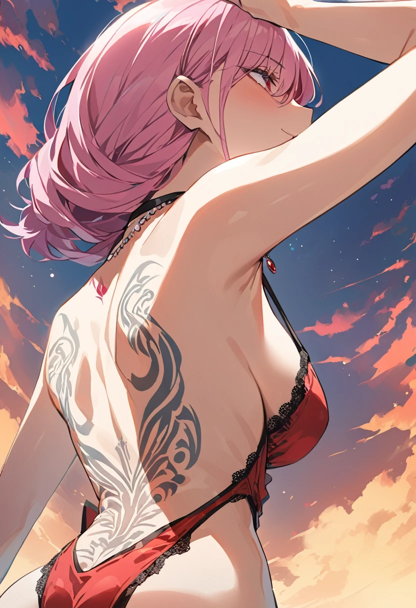 Cool women、sexy、Center of chest、Rize from Chainsaw Man、beauty、Yandere、、Face close-up、Chest tattoo、Red lace、necklace、(look up)、(Pink Hair)、(Angle from the buttocks).(alone)(Beach).(Apply tanning oil to your back).