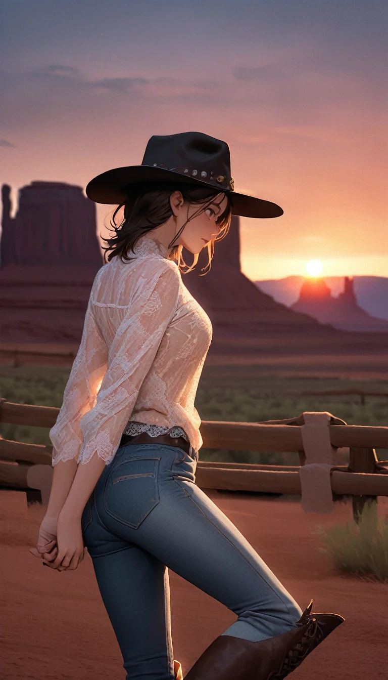 digital portrait, realistic depiction of the , RAW photo, one weasten cow girl, Security Officer, gentle gray eyes, plump lips, An ennui look, huge firm bouncing busts, Long brown hair, horse riding, (((Cowboy hat, 着古した茶色のSecurity Officerの革ジャケット, Lace shirt, Jeans short pants, Leather cowboy boots))), highest quality, super resolution, master piece:1.5, medium depth of field, 50ｍｍlens, cinematic lighting, Backlight, professional photographer, , Monument Valley, vast ranch, Sunset, sunset,, Wagon, Dual pistols, duel