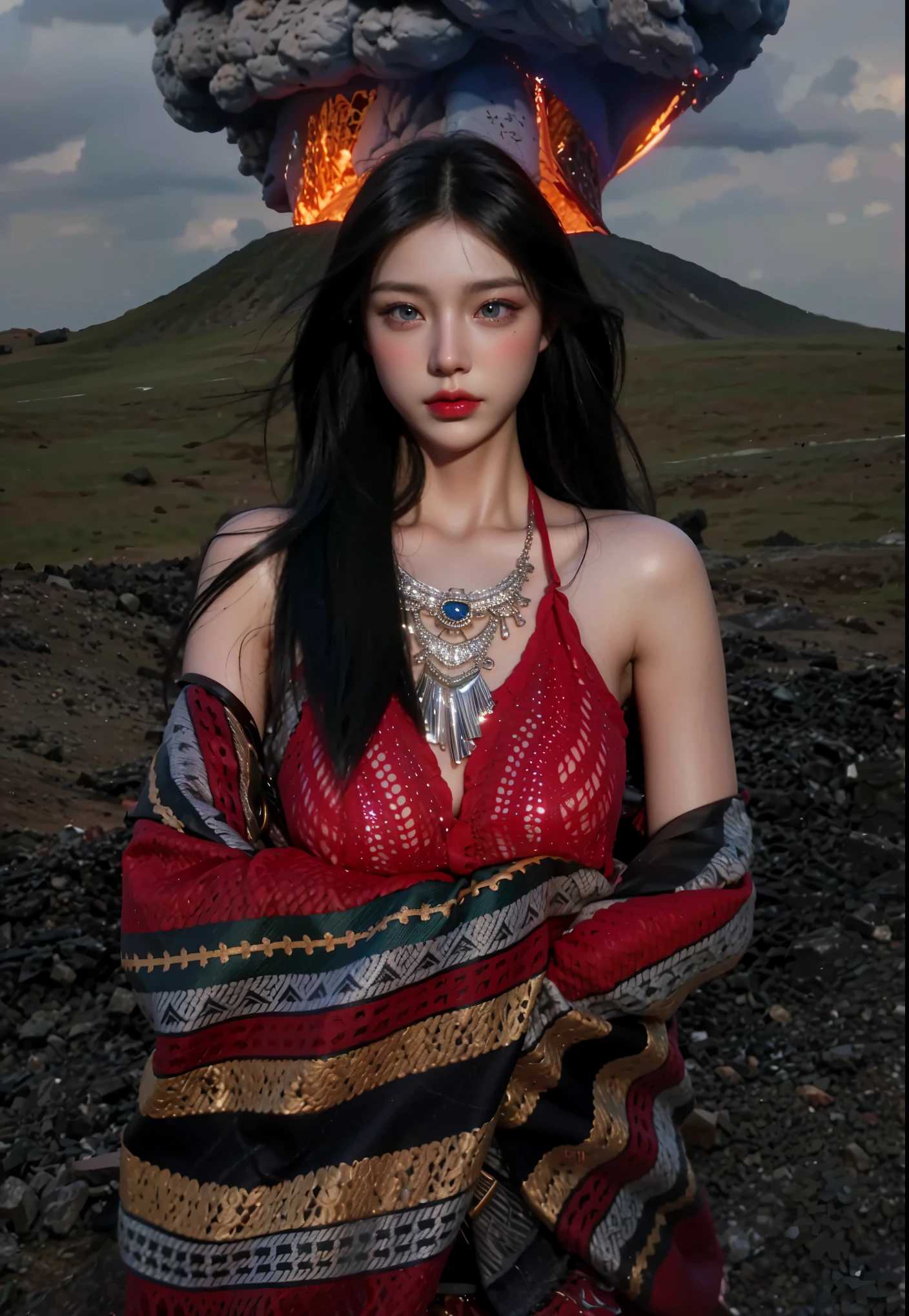 Game Art,Best image quality,Maximum resolution,8K,(A bust photo),(portrait),(Head close-up),(Rule of Thirds),Unreal Engine 5 rendering works,20 year old girl,((Queen)),The eyes are very detailed,(Large Breasts),Elegant and noble,light,Ray Tracing,Game CG,((3D Unreal Engine)),OC rendering reflection mode,4K,Ultra-clear,Sensual,Translucent lace,Fair and plump figure,Pretty Face,Glossy Gel Coat,身着华贵礼服的Queen,Crystal Gem Crown,Necklace jewelry,blue eyes,The tattoo is very three-dimensional,Gorgeous and intricate tattoo designs,Ultra-clear portrait,Sexy thick lips(Red lipstick),Gorgeous clothing,Diamond Gold,Blanket,a volcano erupts
