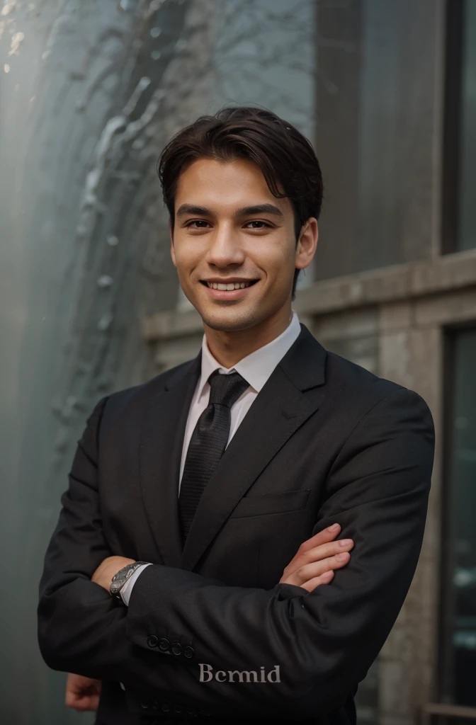 Frontal view , Portrait of man in black suit smiling , salmon background editorial style highdefinition ultrarealistic details in the style of portrait photography