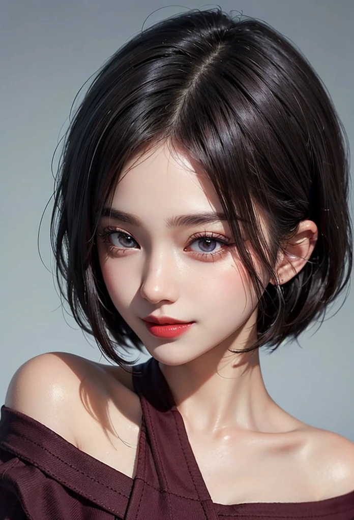 1 girl, 19 years old, south korean, 4k, masterpiece, realistic, realistic textures, frekles under eyes, short whavy black hair, bob haircut, shining purple eyes, detailed pupils, bright red lips, red eyeliners, off-shoulder top, discovered breast, gigant breast, happy, big smile, closed mouth, shrugging shoulders, multiple of frekles under eyes, detailed face, detailed eyes, facing camera, bright colors, close up, face focus.