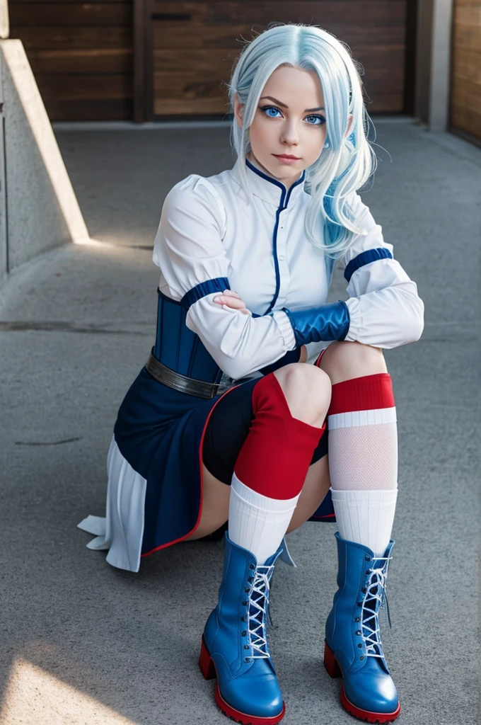  capture of my hero academia slanted light blue eyes and a girl with white hair with red highlights. with white and navy blue top with a white corset, and blue gloves and ankle boots with knee high socks 