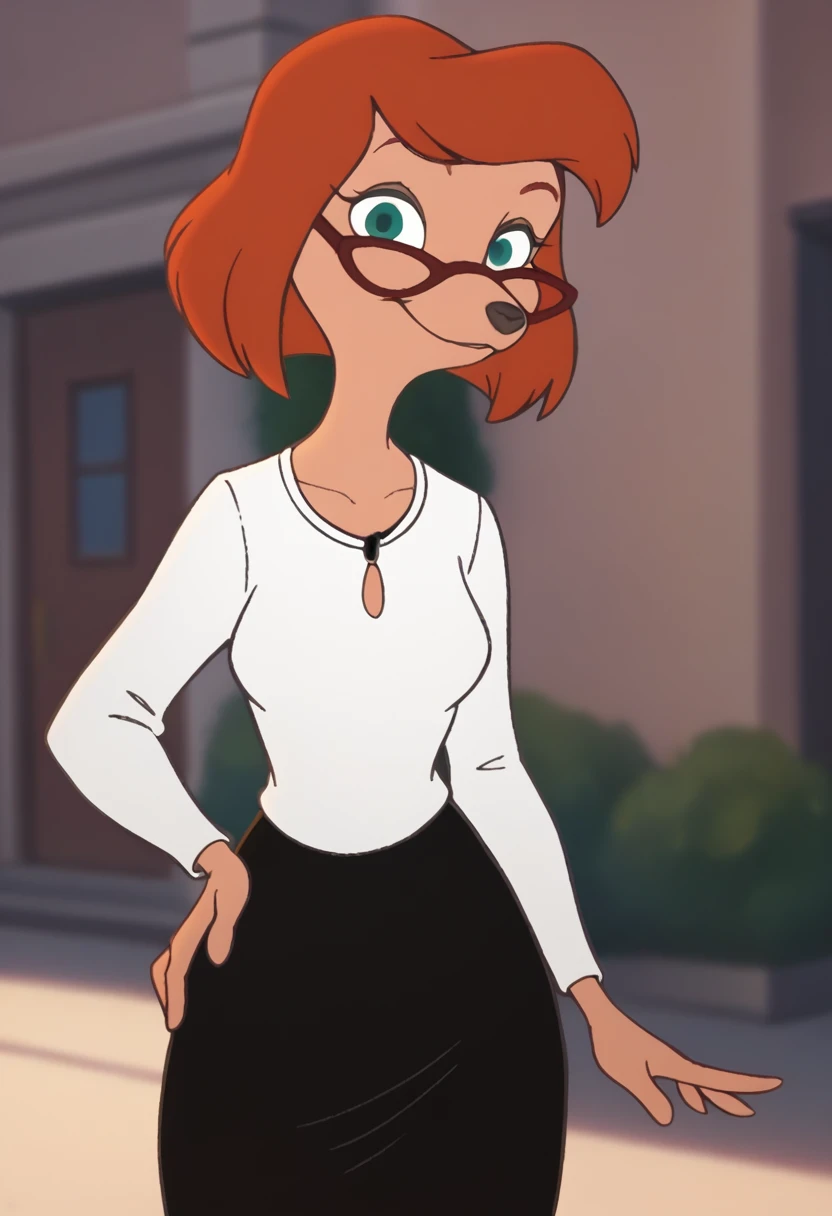 sylvia, 1girl, solo, orange hair, short hair, green eyes, furry female, glasses, smile, white shirt, black skirt,necklace,  looking at viewer, hand on own hip, cowboy shot,, score_9, score_8_up, score_7_up, score_6_up, score_5_up, score_4_up 