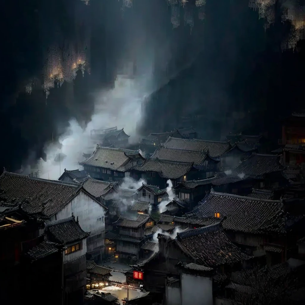 Thick smoke billowed from the chimneys in the village, China Village, Dreamy Chinatown, old asian village, by Xia Yong, by Zou Zhe, author Shang Xi, author:Cold plum, by Sheng Maoye, ancient Chinese Architecture, bo xun ling, Chinese Architecture, Burning village, Beautiful images, Light coming through the roof