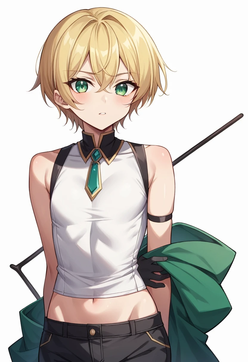 (One girl)、((short hair))、((Blonde))、(sidelock)、(Sato Air)、(sidelock)、((boyish))、((flat chest))、(Wizard)、black stick pants、White sleeveless、black gloves、say、green eye、arm behind back、(coarse hair)、20-year-old 、curvy、White Background、