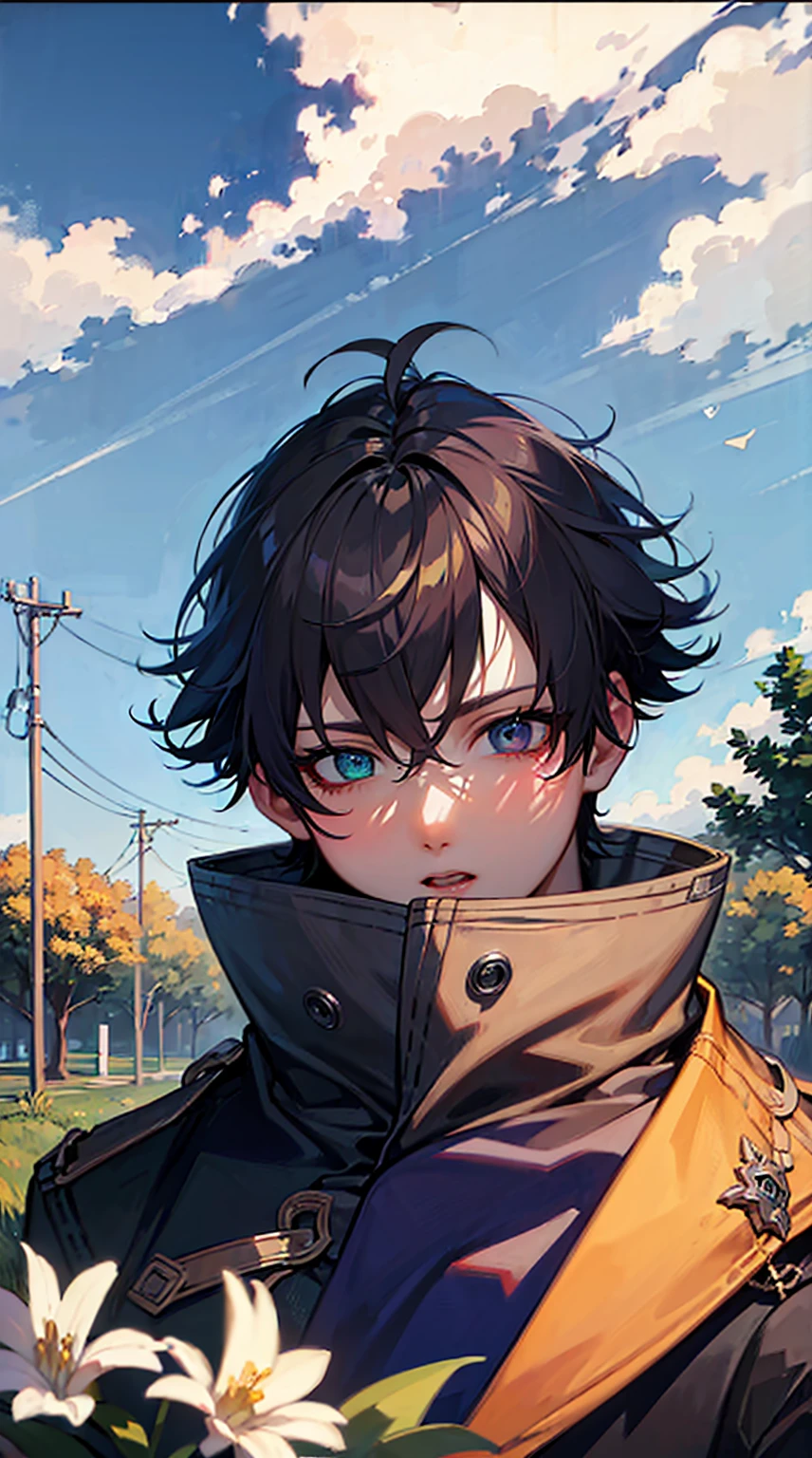 (masterpiece), best quality, high quality, dynamic light, 1boy, upper body, solo, , (blue tie), (heterochromia), (purple left eye, yellow right eye:1.1), shocked face, (glowing yellow eye), (hairstyle: straight), purple hair, middle hair, (hair covers the eye:1.2), night sky, dark alley, horror, from side, side view