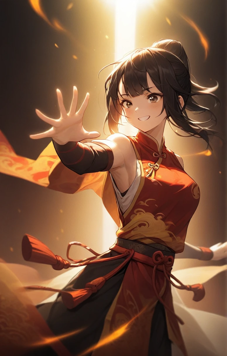 woman, human, adventurer, chinese costume, kung fu, elegant, sun light, bust shot, flat chest, happy