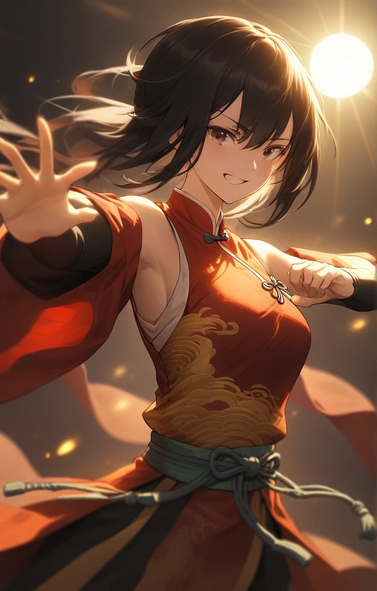 woman, human, adventurer, chinese costume, kung fu, elegant, sun light, bust shot, flat chest, happy