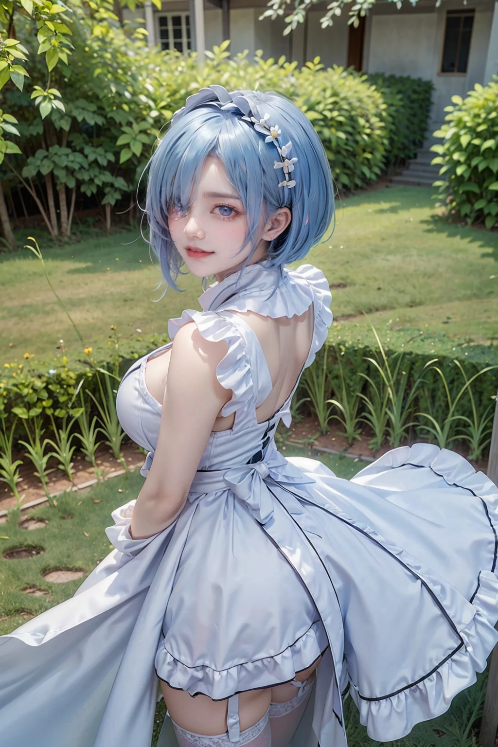 ((16K)),(masterpiece:1.3, Highest quality, Ultra-high resolution, Super detailed), (Realistic, photoRealistic:1.4), Perfect lighting, Depth of written boundary, Browsing Caution, Surrealism,Face Light,(( large breasts)),Beautiful detailed hair,((Beautiful eyelashes)), Beautifully detailed face, Beautiful fine details, Beautiful body, thin脚,Beautiful breasts, Beautiful feet, ((Beautiful Hands)), thin, 1 girl, 23 years old,Perfect Face, Long eyelashes,Perfect Anatomy, Supermodel with a long neck,((Skinny1.2)),(Perfect Anatomy,Anatomically correct, Highly detailed skin), Shiny skin,((beautiful girl:1.1)), ((Smiling happily:1.2)),((Booty pose:1.2)),((from above)),rem_\(re:NULL\), ((blue hair, short hair)), (hair over one eye:1.3), eyes_ass visible_through_hair, Blue eyes, roswaal_mansion_maid_uniform, apron, white thighhighs, garter straps, standing, upper body, outdoors, mansion, buzzer, garden, flowers, trees, grass, bushes, sunlight,