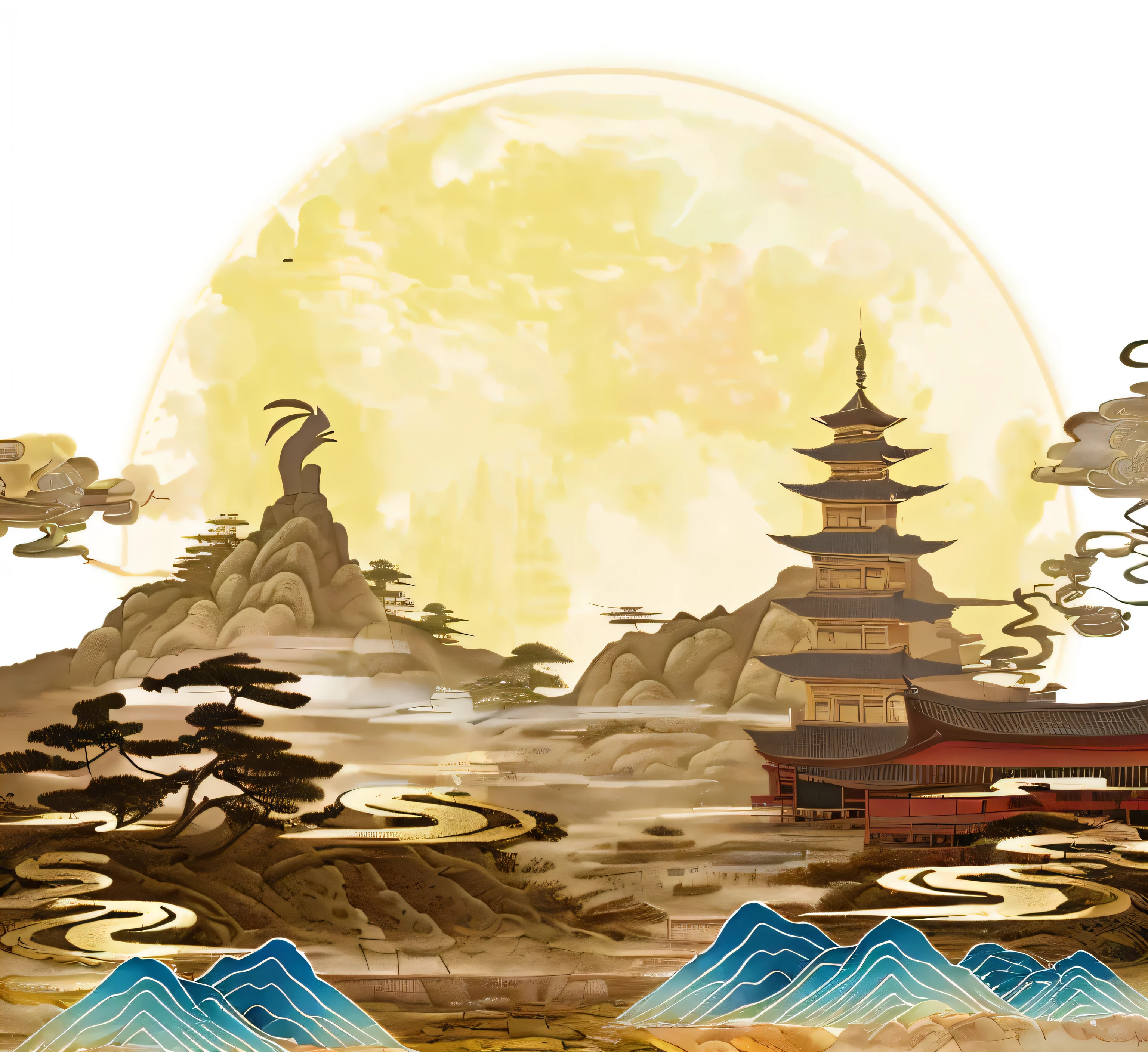 Ancient painting style，Mid-Autumn Festival scene，Ancient Temple，Pagodas，With mountains as background