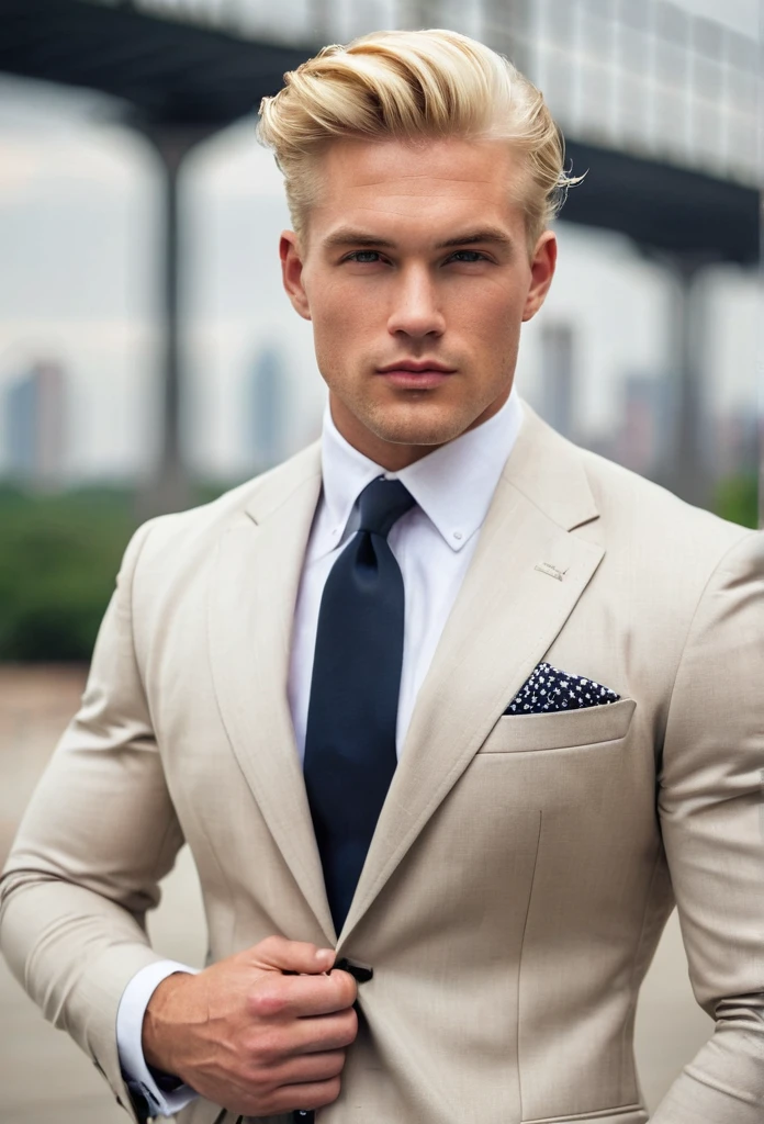 Handsome American man with blonde hair and masculine build. He is wearing a classic American suit. 