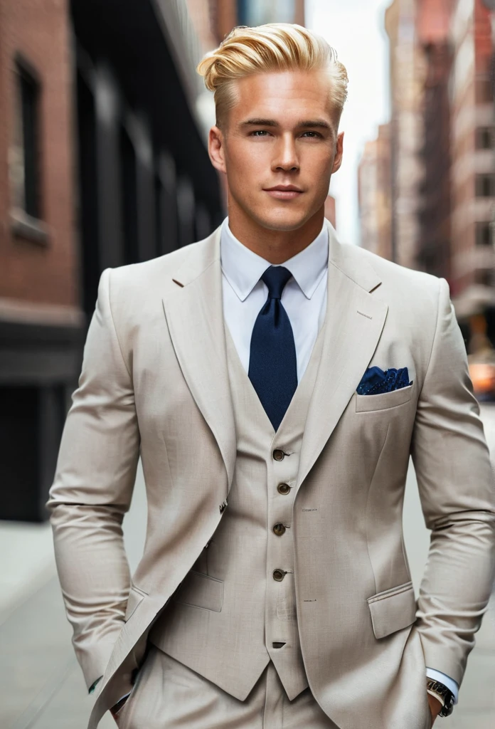 Handsome American man with blonde hair and masculine build. He is wearing a classic American suit. 