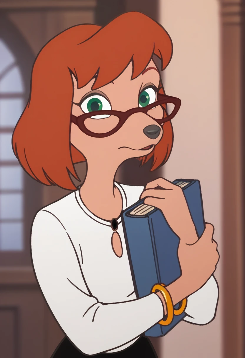 Sylvia, 1girl, solo, jewelry, book, green eyes, furry female, orange hair, short hair, bangle, black skirt, white shirt, holding book, holding, long sleeves, animal nose, necklace, looking at viewer, score_9, score_8_up, score_7_up, score_6_up, score_5_up, score_4_up