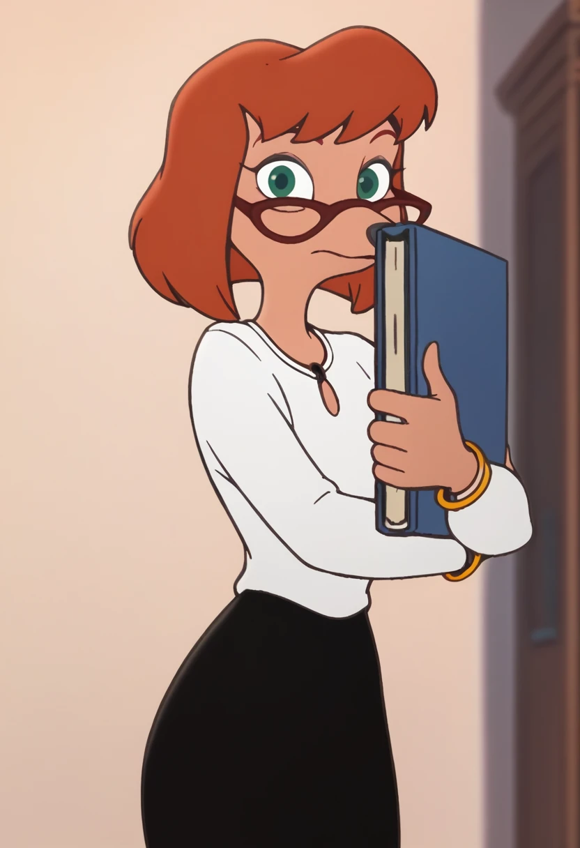 Sylvia, 1girl, solo, jewelry, book, green eyes, furry female, orange hair, short hair, bangle, black skirt, white shirt, holding book, holding, long sleeves, animal nose, necklace, looking at viewer, score_9, score_8_up, score_7_up, score_6_up, score_5_up, score_4_up 