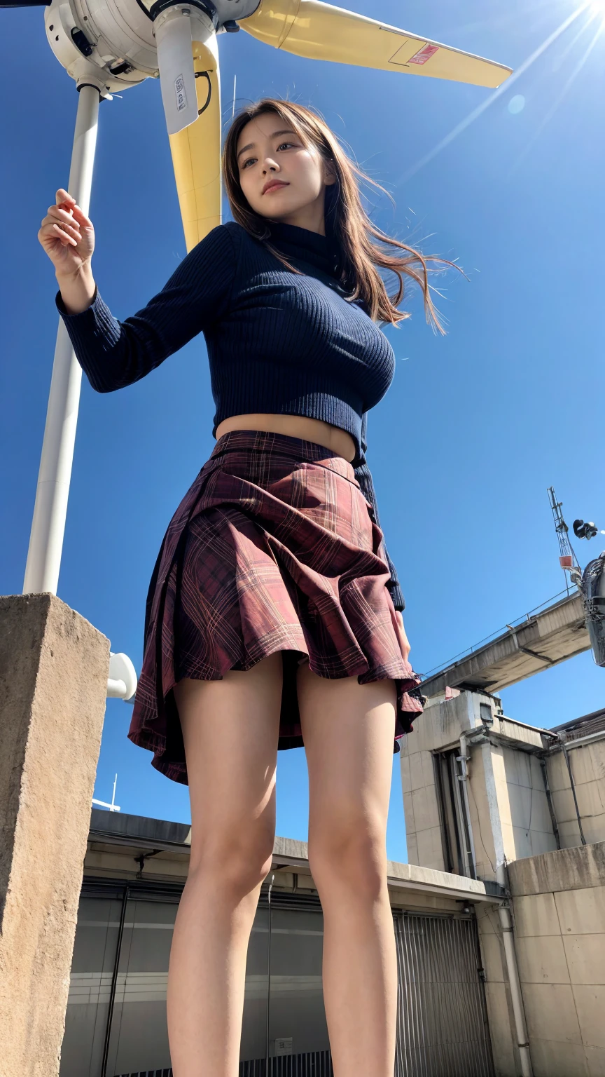 1 giantess standing above the city,Graceful figure,1 girl, from_below,big deal_breast, long_sleeve, outdoor, , shooting, Plaid, Plaid_skirt, strength_Lines, School_, skirt, Sky, alone, underwear, upskirt, Utilities_No, wind_turbine,realistic art,(emphasize),Look up at camera,a giantess