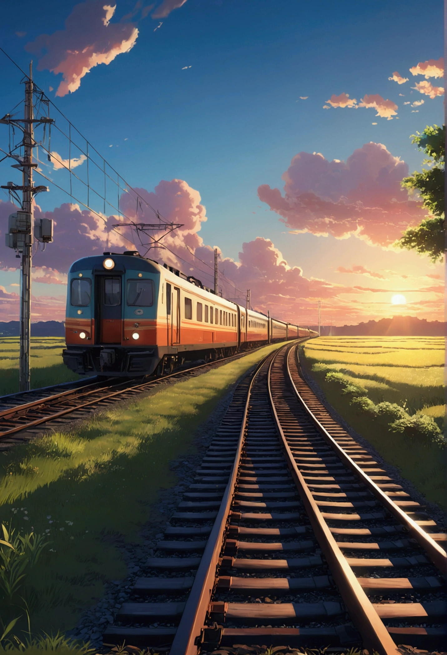 Scene of a train crossing the tracks against a sky in the style of Makoto Shinkai&#39;s anime, Exquisite animations, Rich details, Beautiful and harmonious landscape, Dreamy romantic scene, high quality, Vivid 4K, Attention to detail, Artistic 4k wallpapers, Amazing anime scenery, Vibrant colors, Makoto Shinkai style