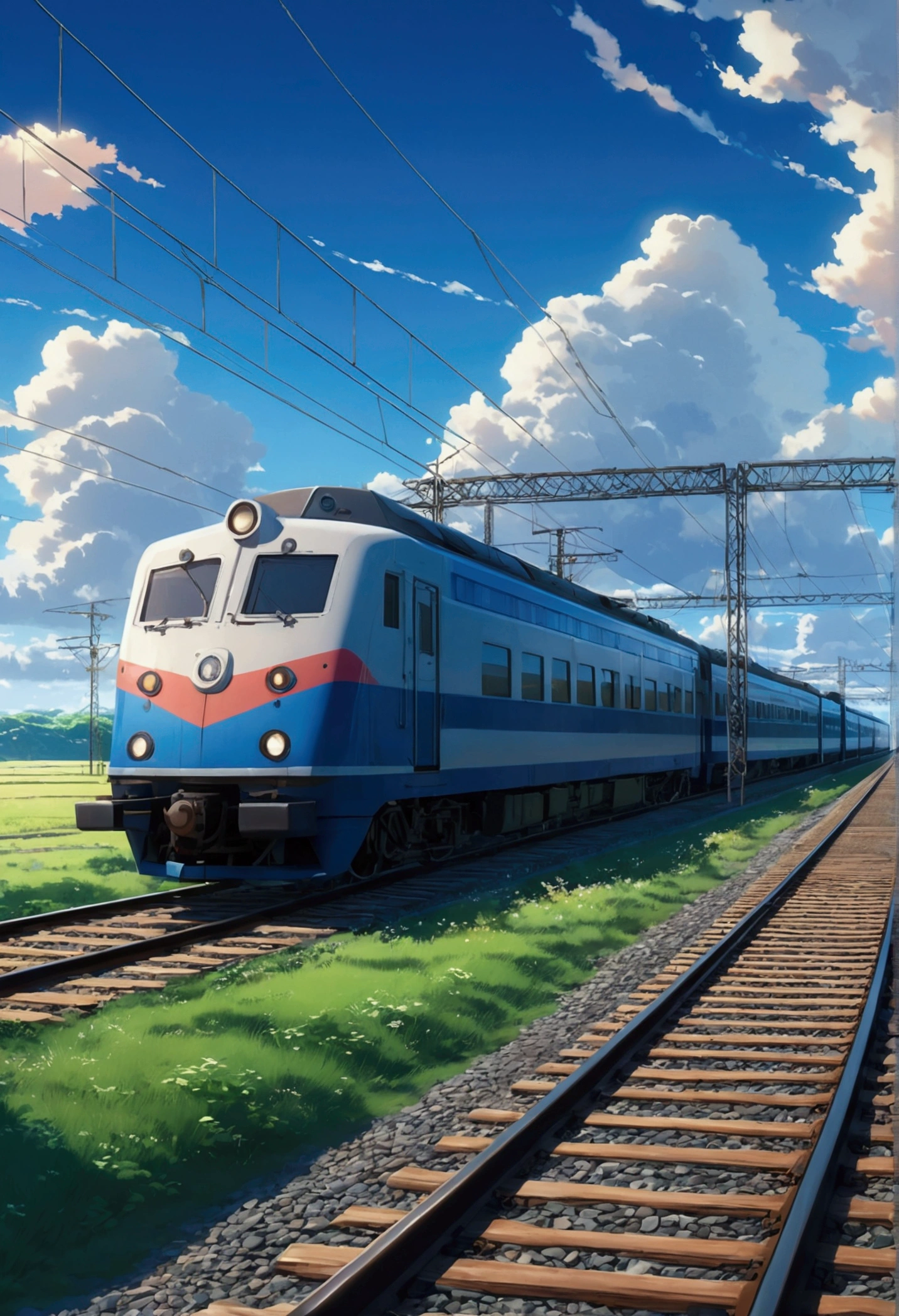 Scene of a train crossing the tracks against a sky in the style of Makoto Shinkai&#39;s anime, Exquisite animations, Rich details, Beautiful and harmonious landscape, Dreamy romantic scene, high quality, Vivid 4K, Attention to detail, Artistic 4k wallpapers, Amazing anime scenery, Vibrant colors, Makoto Shinkai style