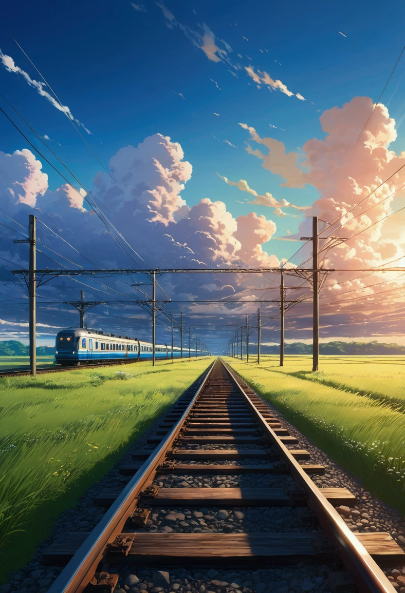 Scene of a train crossing the tracks against a sky in the style of Makoto Shinkai's anime, Exquisite animations, Rich details, Beautiful and harmonious landscape, Dreamy romantic scene, high quality, Vivid 4K, Attention to detail, Artistic 4k wallpapers, Amazing anime scenery, Vibrant colors, Makoto Shinkai style