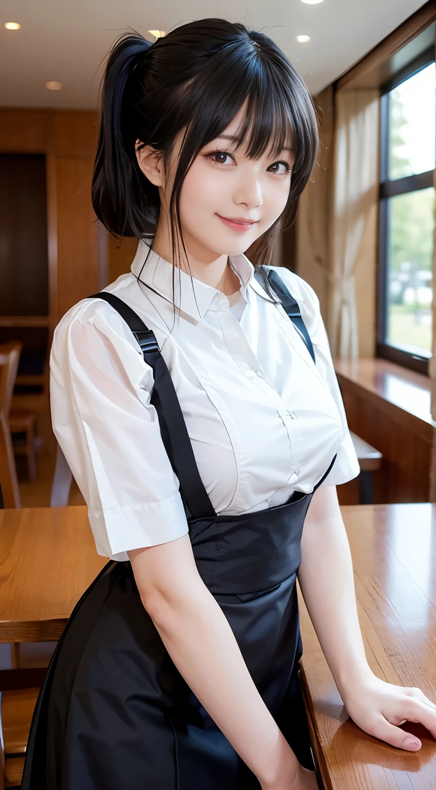 (Highest quality,masterpiece:1.3,Ultra-high resolution,),(Very detailed,Caustics),(Realistic:1.4,RAW shooting,)Ultra-Realistic Capture,Very detailed,High resolution 16K human skin closeup。 Natural skin texture、,pores、、、、It must be detailed enough to be easily identifiable。 Skin tone is even and healthy looking。 Use natural light and colour,restaurant,Waitress Uniform,1 girl,Japanese,18-year-old,cute,Black-haired,ponytail,Big Breasts,smile,Turn your body forward,(Front view:1.1),Looking into the camera,Cowboy Shot,