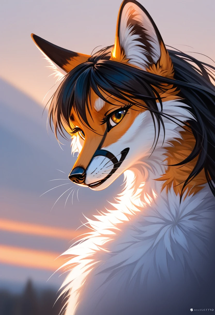 White fox, elongated muzzle, Furry, antro лиса, god, long straight black hair, thin, masterpiece, Best quality, antro, Furry, cinematic lighting, Scattered light, a high resolution, high detail, ultra realistic