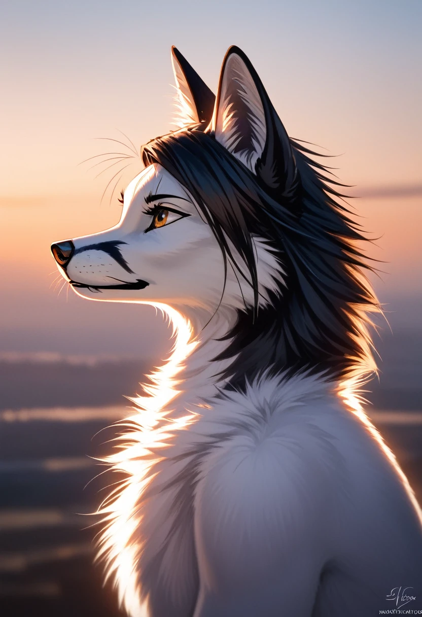 White fox, elongated muzzle, Furry, antro лиса, god, long straight black hair, thin, masterpiece, Best quality, antro, Furry, cinematic lighting, tered light, a high resolution, high detail, ultra realistic