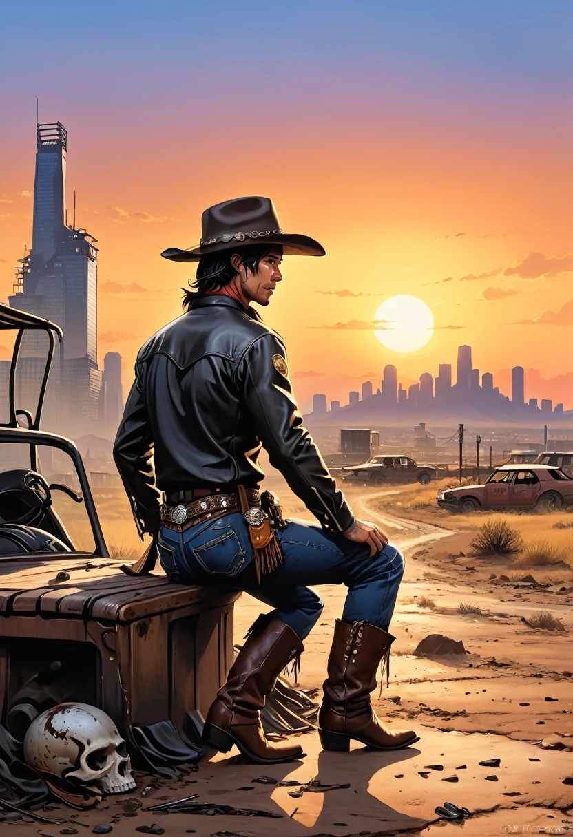 wasteland,西部牛仔sit在石头上弹吉他,(sit:1.2),Wear a cowboy hat,Rusty,The skyline in the distance,Western style background,Sunset