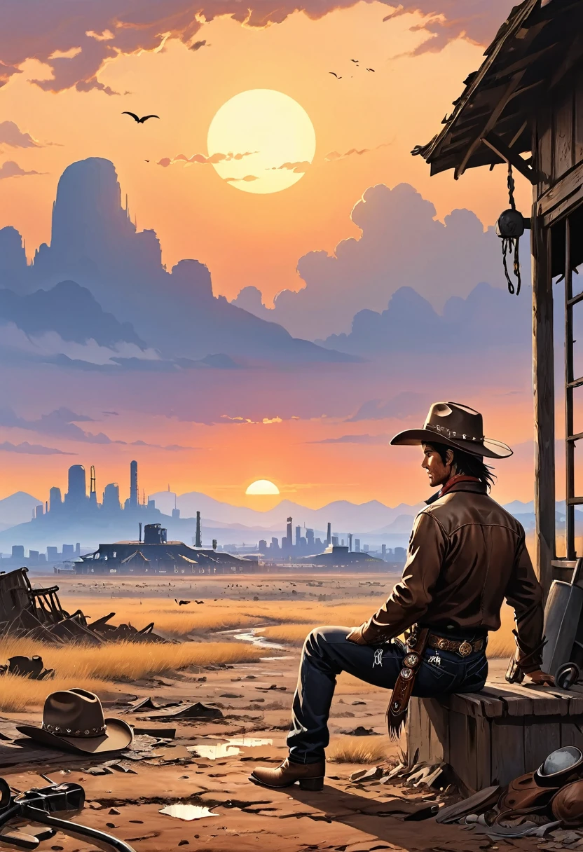 wasteland,西部牛仔sit在石头上弹吉他,(sit:1.2),Wear a cowboy hat,Rusty,The skyline in the distance,Western style background,Sunset