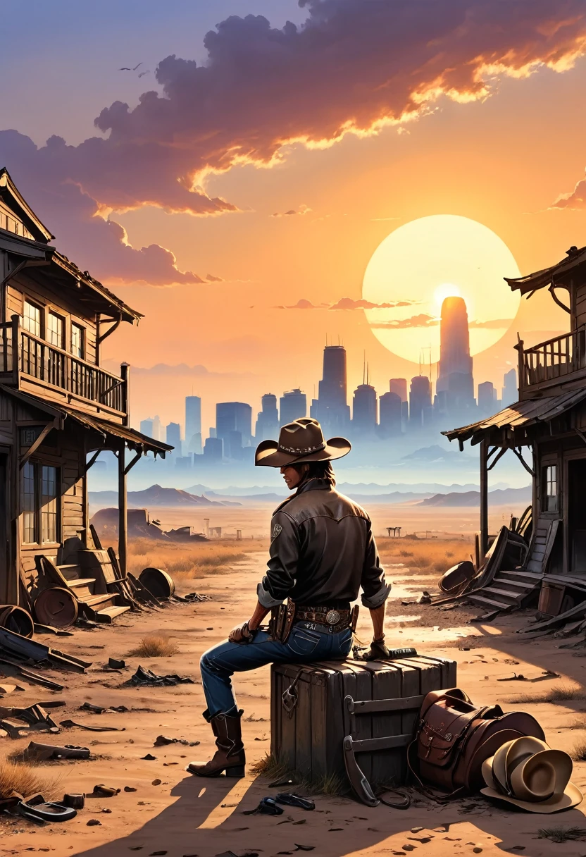 wasteland,西部牛仔sit在石头上弹吉他,(sit:1.2),Wear a cowboy hat,Rusty,The skyline in the distance,Western style background,Sunset