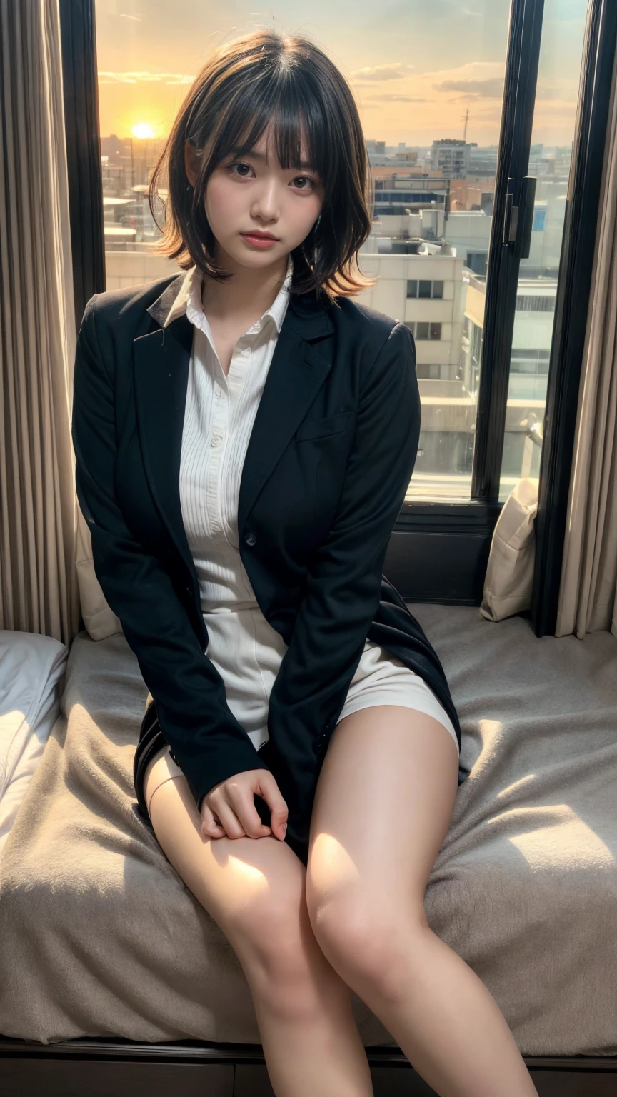 masterpiece, best quality, illustration, Super detailed, fine details, High resolution, 8K,wall paper, perfect dynamic composition,(Details High quality, realistic depiction of eyes:1.3), short hair, (wavy hair:1.2), Office Lady, ,Suit,Collared shirt, Black Suit,Black jacket, huge breasts, expresses the roundness and softness of your chest, black hair color, Big Natural Color Lip, bold sexy pose, crying a little、cold gaze, Harajuku style、20 year old girl、cute type、lolita、beautiful legs, hotel room, full body photo、focus on crotch, hposing Gravure Idol, Sexy shot looking at camera, Sunset, by the window, Summer, make up, Curve