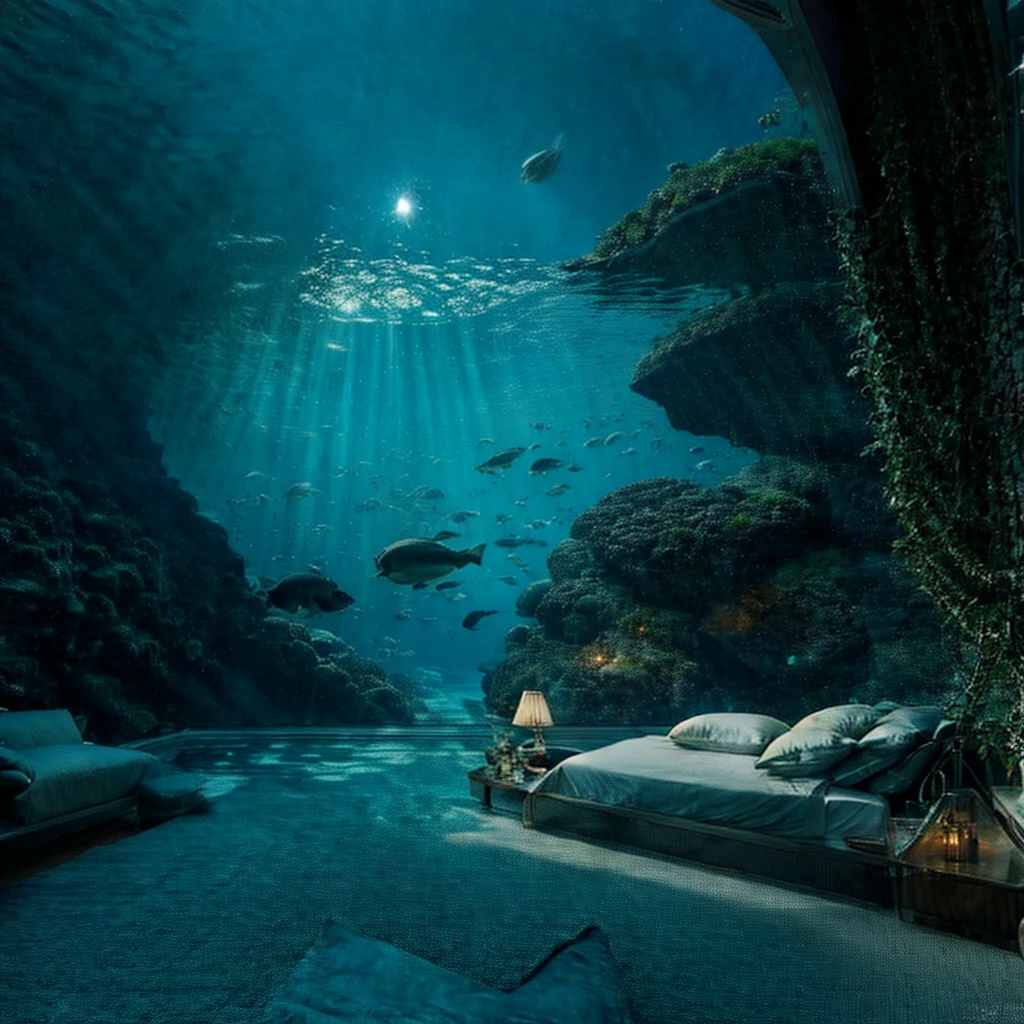 “Create an image of a luxurious underwater hotel room with a large bed, side tables with lamps, and a clear view of the ocean life through an arched glass ceiling. The room should have a serene and exclusive feel, showcasing the unique experience of sleeping under the sea.”8k,real world,