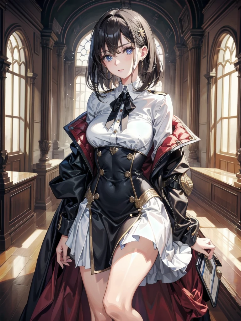 absurdres, RAW photo, extremely delicate and beautiful, masterpiece, Best Quality, ultra high resolution, 32k, hyperrealistic, ultra-detailed, perfect anatomy, anatomically correct, perfect figure, Perfect Style, Perfect balance, super Detailed skin, in her 30s, very Slim body, narrow waist, very small head, very small face, delicate facial features, handsome detailed woman, very detailed eyes and face, realistic face proportions, Realistic beautiful face, Realistic beautiful eyes, tearful mole, earring, , whole body shot, medium hair, military jacket, school_uniform, skirt, dress shirt,