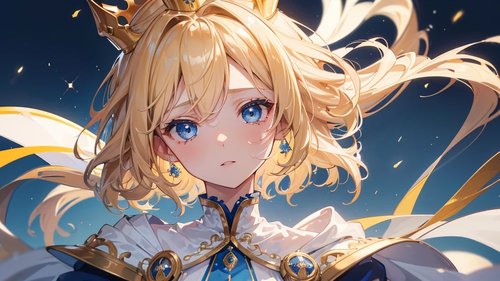 (Highest quality) (4K) (8k) (High resolution) (masterpiece:1.2) (Super detailed) One boy short hair Wizard Blue Eyes Long sleeve Golden decoration Hair between the eyes White Dress Wavy golden hair Upper Body (large crown) (White Background) profile Face close-up Are crying