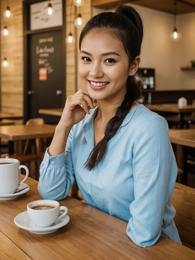 her name is Olivia, high quality, 1girl, ((27-year-old fit Filipna woman)),((Filipina nose)), ((27 years old)), ((BODY TYPE: HOURGLASS)), ((Ponytail HAIR)), ((EYE COLOR: Light blue)), ((Close-up)), Smiling, pose: SITTING and Hand on chin, wearing Casual Shirt and Short Generation-Z modern wear VARIETY colored, BACKGROUND: " Indoor: A small cafe with warm lighting, wooden tables, and the smell of freshly brewed coffee."