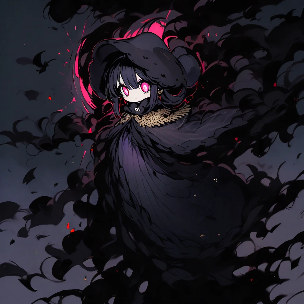 (well done: 1) small creature made completely of darkness, black hair, long straight hair, black sheep ears, black sheep tail, large hat, large white eyes, black poncho with hood, white dress stripped underneath, black boots .