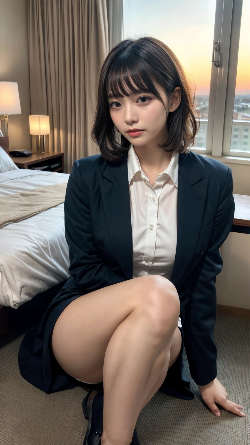 masterpiece, best quality, illustration, Super detailed, fine details, High resolution, 8K,wall paper, perfect dynamic composition,(Details High quality, realistic depiction of eyes:1.3), short hair, (wavy hair:1.2), Office Lady, ,Suit,Collared shirt, Black Suit,Black jacket, huge breasts, expresses the roundness and softness of your chest, black hair color, Big Natural Color Lip, bold sexy pose, crying a little、cold gaze, Harajuku style、20 year old girl、cute type、lolita、beautiful legs, hotel room, full body photo、focus on crotch, hposing Gravure Idol, Sexy shot looking at camera, Sunset, by the window, Summer, make up, Curve