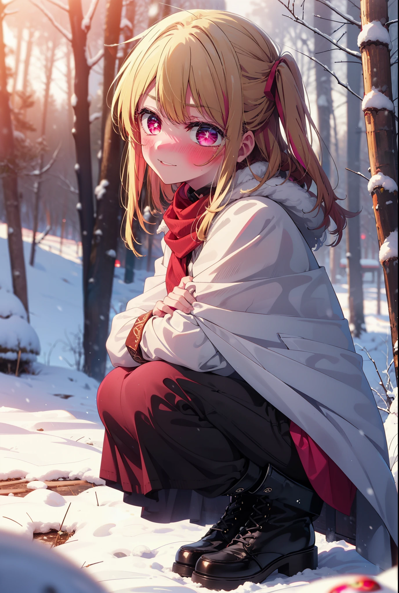 rubyhoshino, Hoshino Ruby, Long Hair, bangs, blonde, (Pink Eyes:1.3), Side Lock, (Symbol-shaped pupil:1.5), Multicolored Hair, Two-tone hair, smile,,smile,blush,white breath,
Open your mouth,snow,Ground bonfire, Outdoor, boots, snowing, From the side, wood, suitcase, Cape, Blurred, , forest, White handbag, nature, Squat, Mouth closed, Cape, winter, Written boundary depth, Black shoes, red Cape break looking at viewer, Upper Body, whole body, break Outdoor, forest, nature, break (masterpiece:1.2), Highest quality, High resolution, unity 8k wallpaper, (shape:0.8), (Beautiful and beautiful eyes:1.6), Highly detailed face, Perfect lighting, Highly detailed CG, (Perfect hands, Perfect Anatomy),
